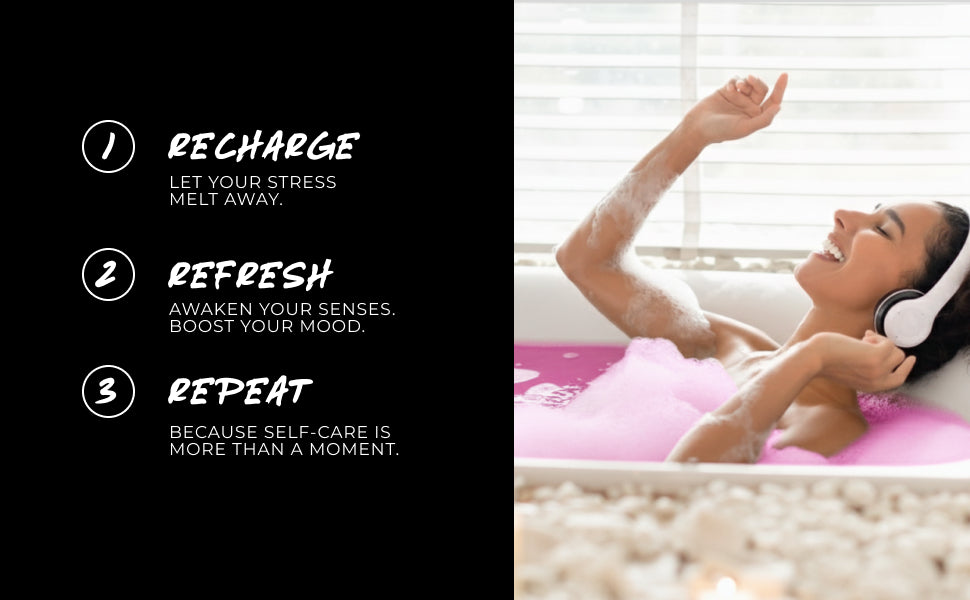 Woman wearing headphones relaxing on a couch with text about self-care routines.