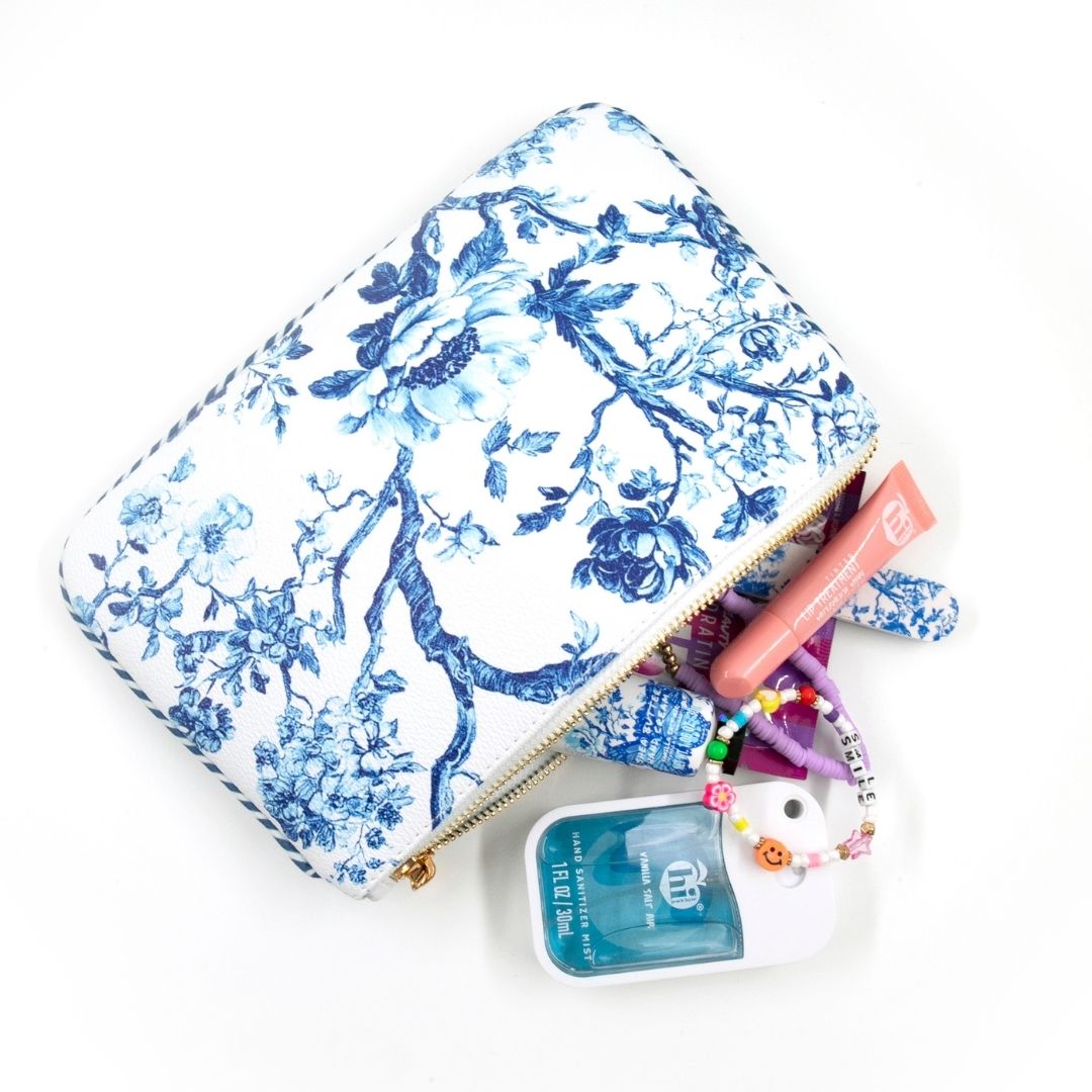 Blue Toile Large Zipper Pouch