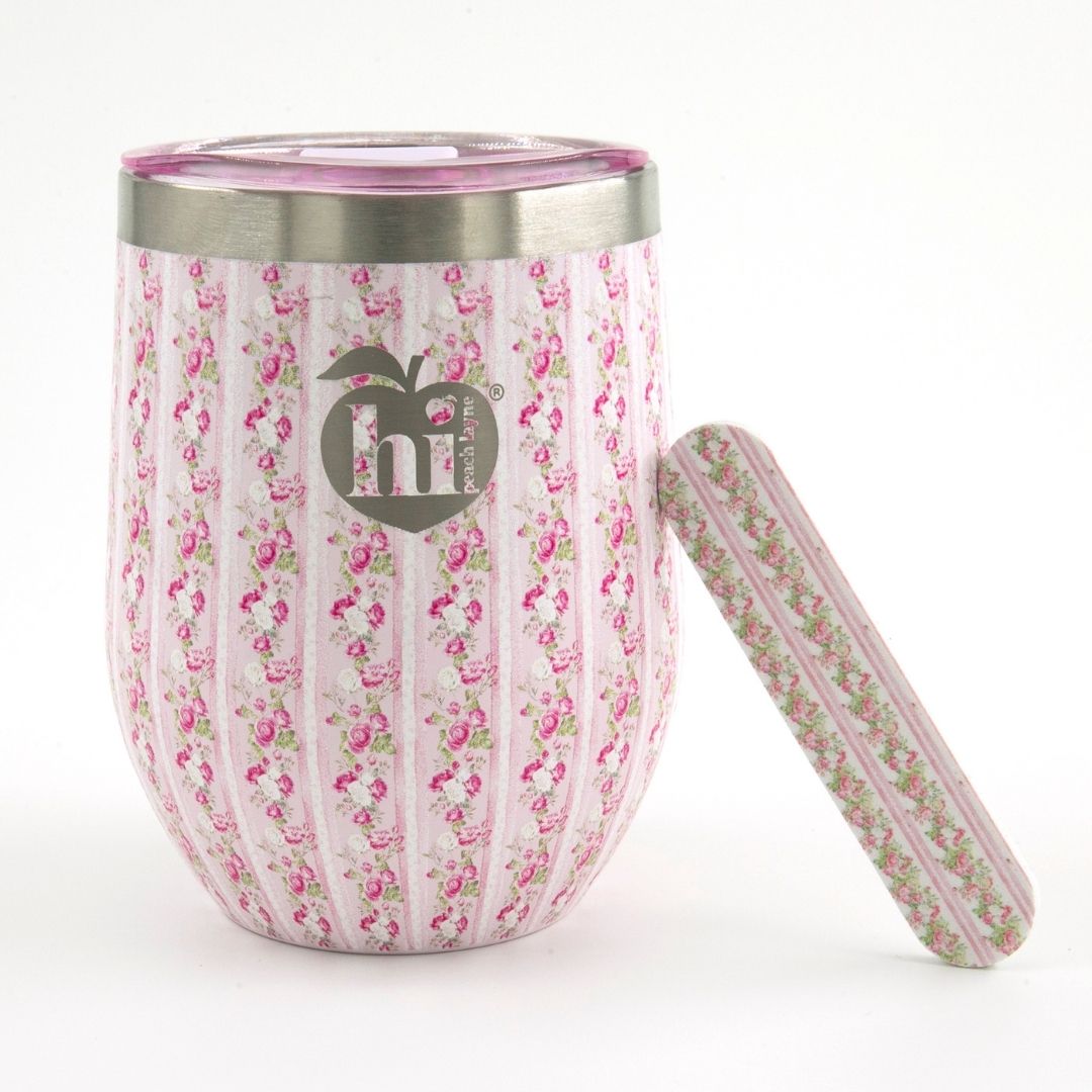 Pink Stripe Floral Wine Tumbler with Nail File