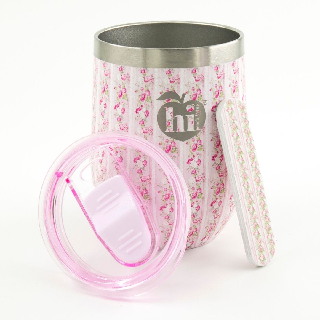 Pink Stripe Floral Wine Tumbler with Nail File