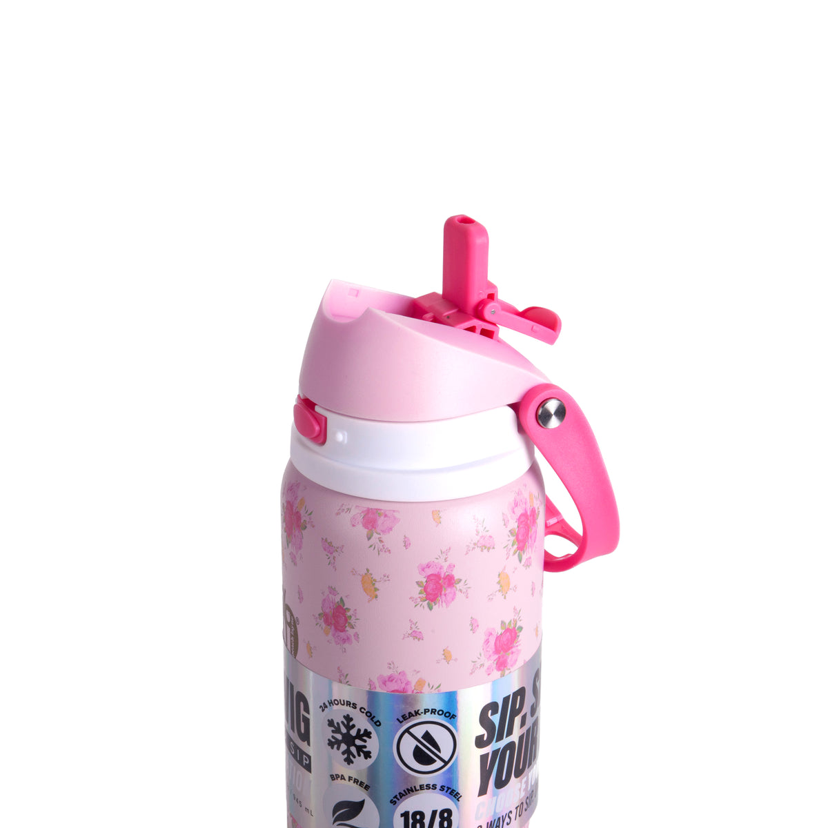 Pink Floral Insulated Water Bottle With Scrunchie, 32oz