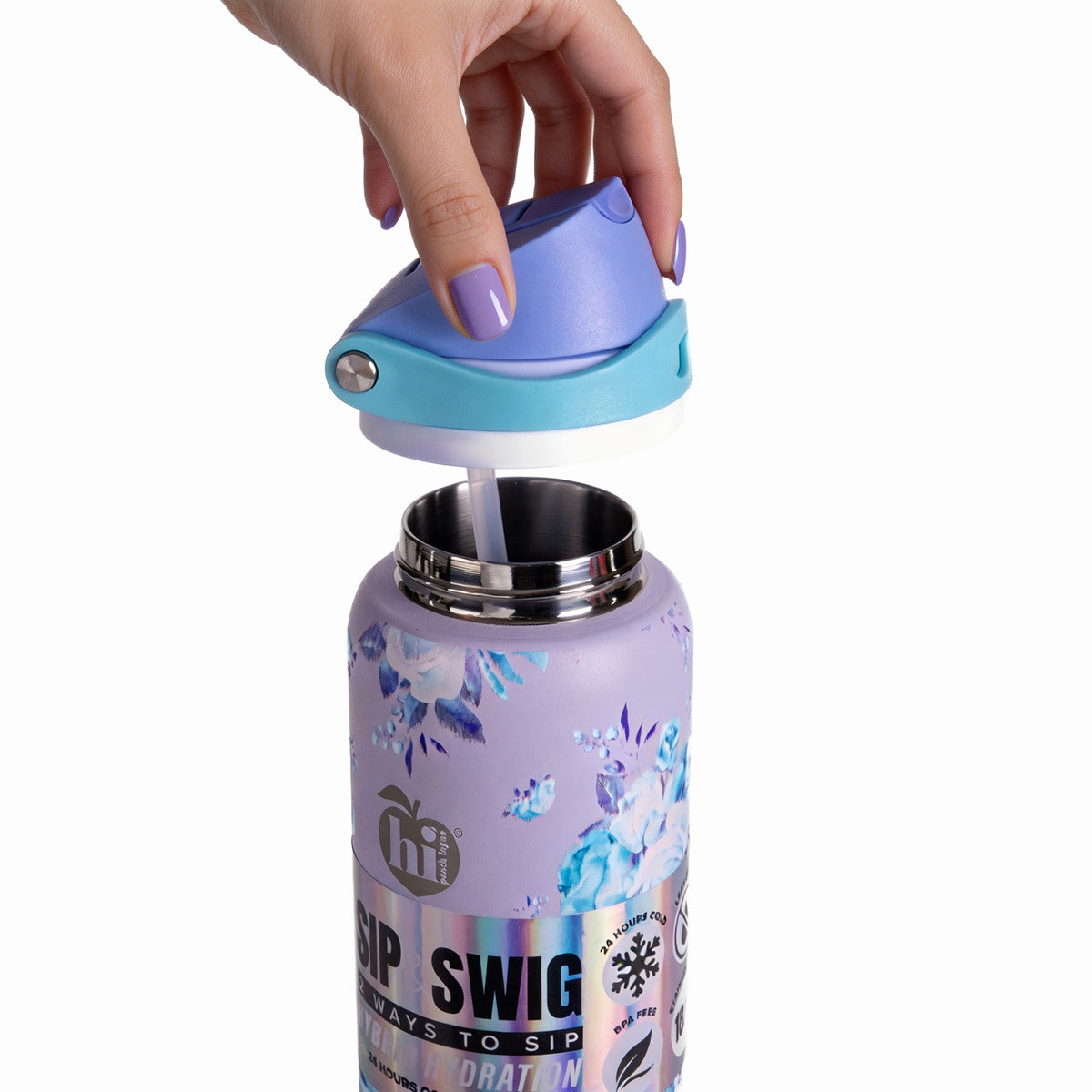 Blue Floral Insulated Water Bottle With Scrunchie, 32oz
