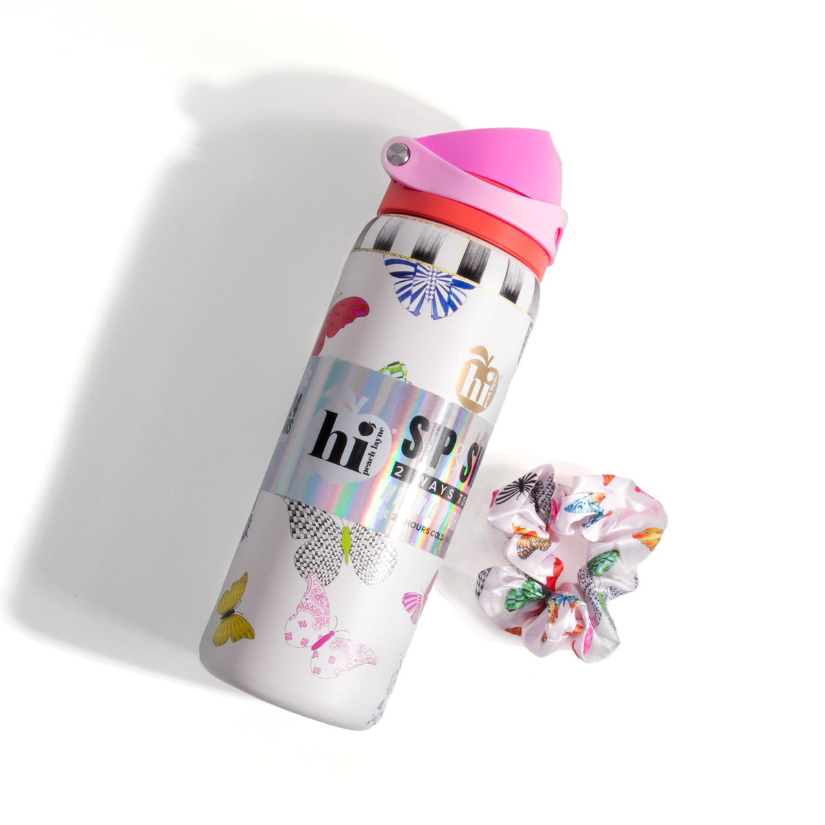 Butterfly Print Insulated Water Bottle With Scrunchie, 32oz