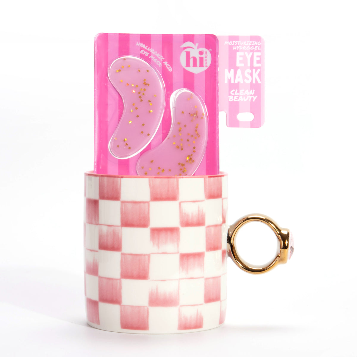 Pink Checkered Ceramic Mug and Hydrogel Eye Mask Gift Set