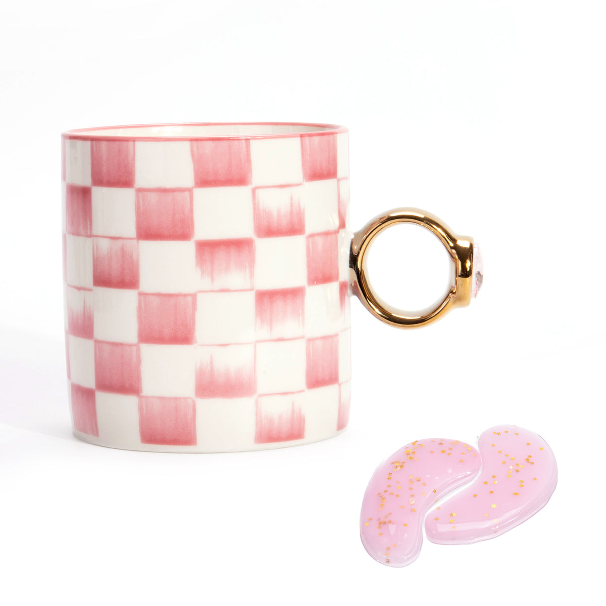 Pink Checkered Ceramic Mug and Hydrogel Eye Mask Gift Set