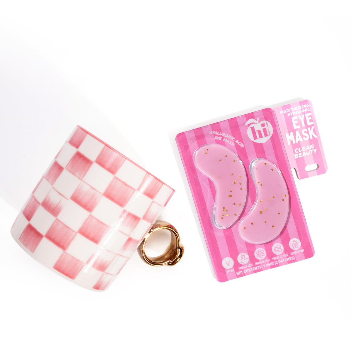 Pink Checkered Ceramic Mug and Hydrogel Eye Mask Gift Set