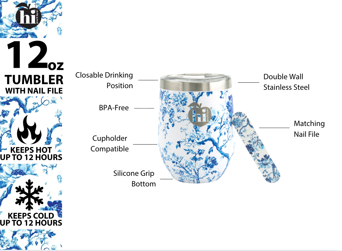 Blue Toile Wine Tumbler with Nail File