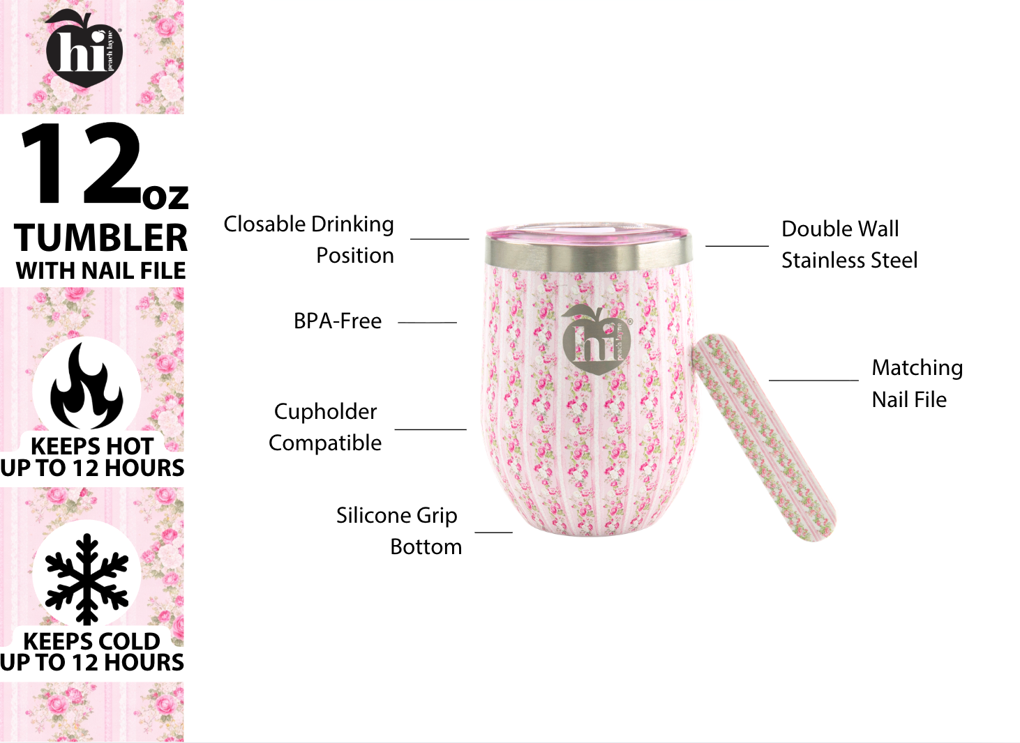 Pink Stripe Floral Wine Tumbler with Nail File