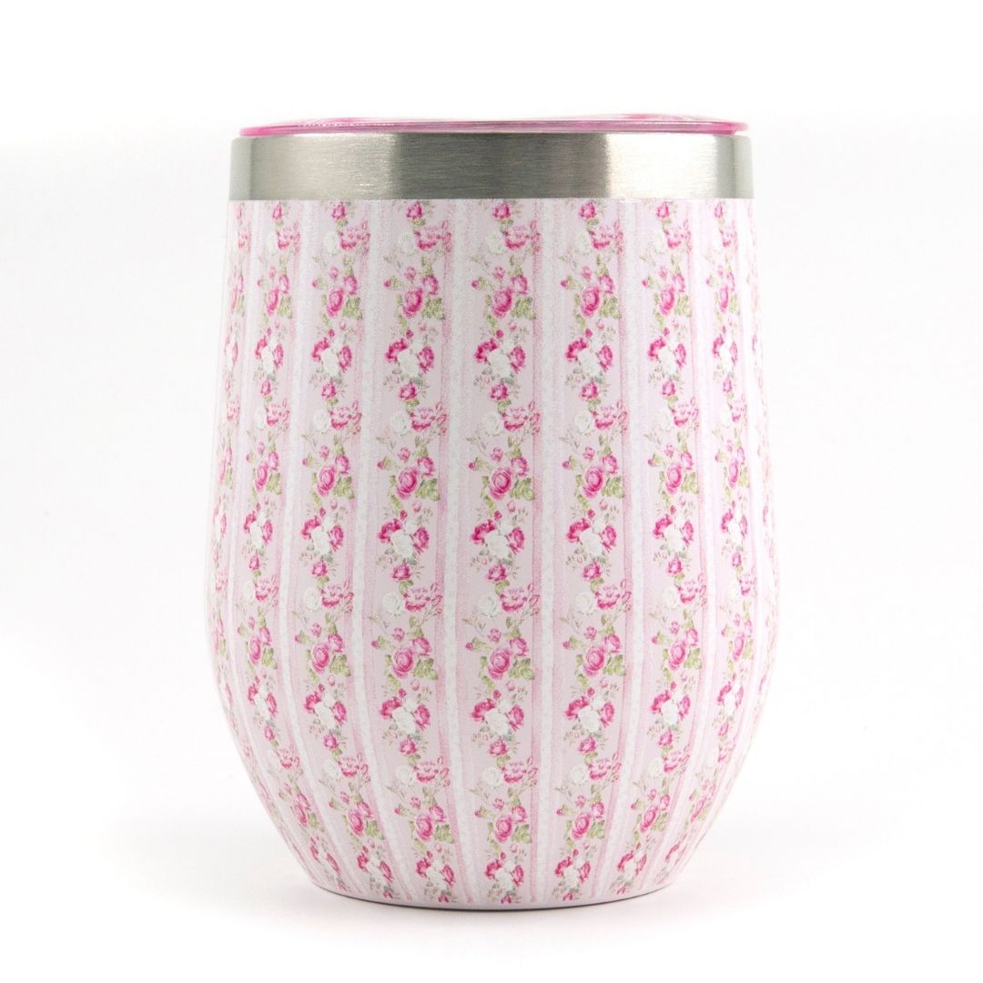 Pink Stripe Floral Wine Tumbler with Nail File