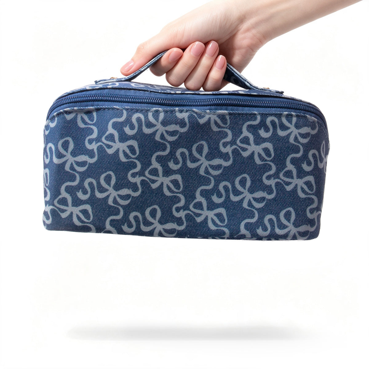 Blue Bow Print Denim Makeup Bag