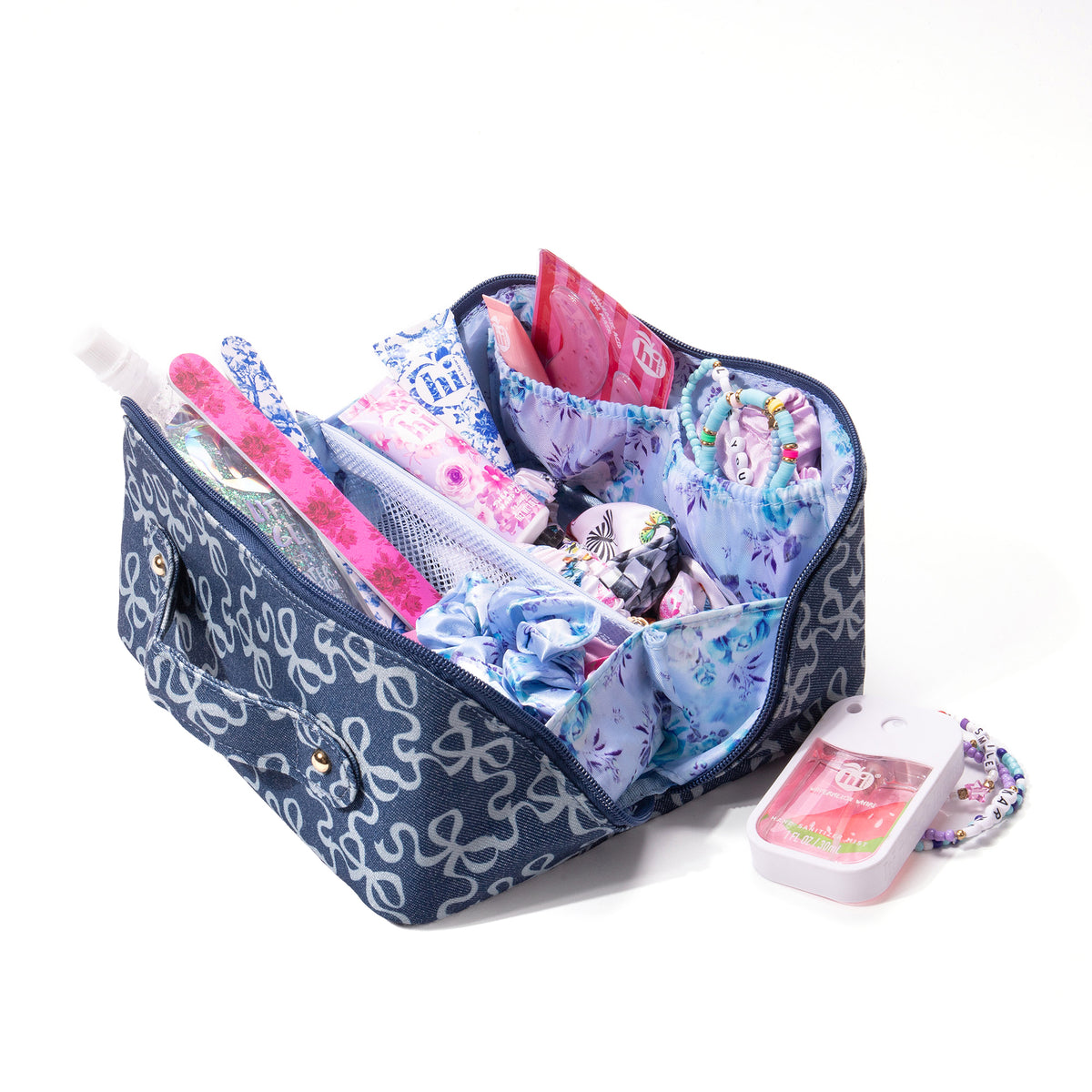 Blue Bow Print Denim Makeup Bag
