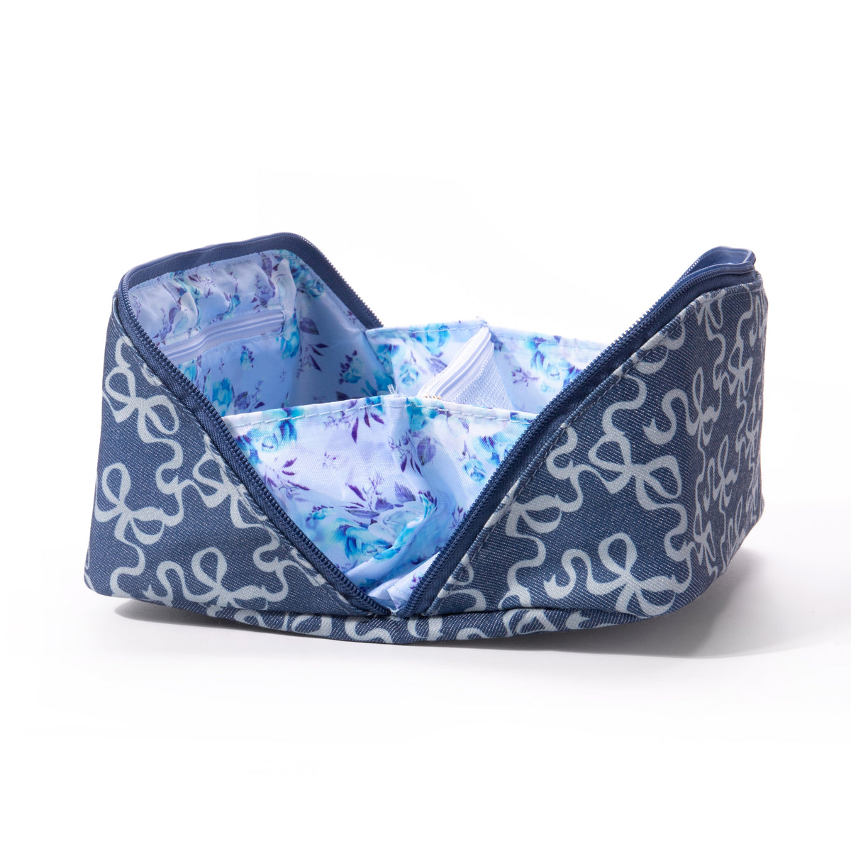 Blue Bow Print Denim Makeup Bag