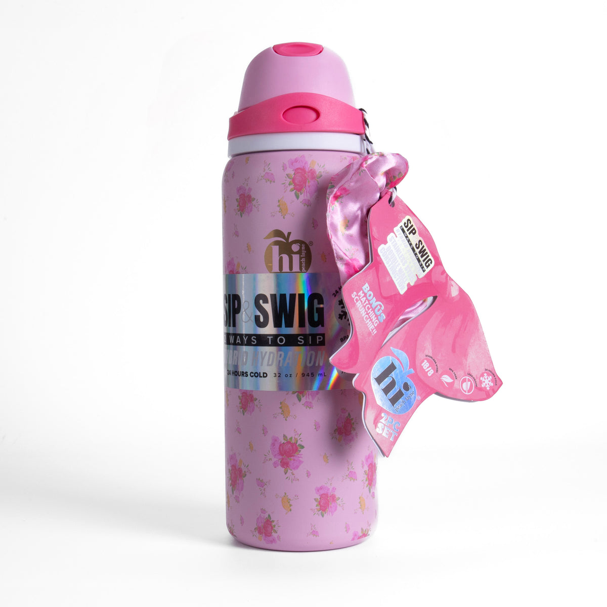 Pink Floral Insulated Water Bottle With Scrunchie, 32oz