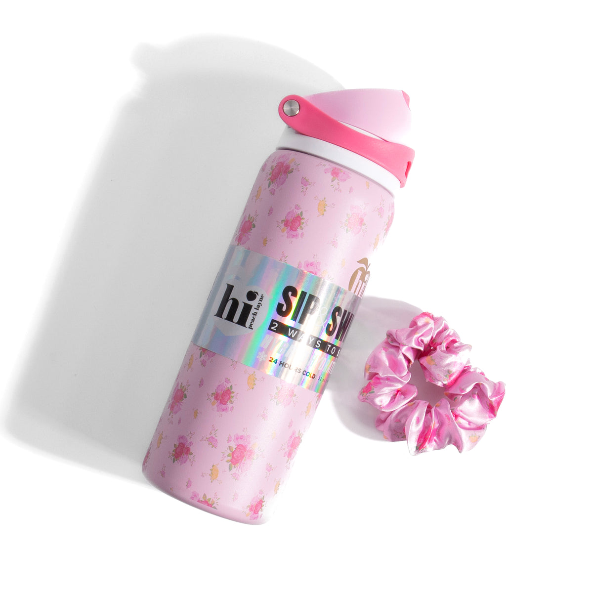 Pink Floral Insulated Water Bottle With Scrunchie, 32oz