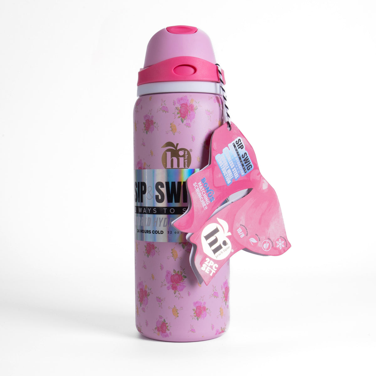 Pink Floral Insulated Water Bottle With Scrunchie, 32oz