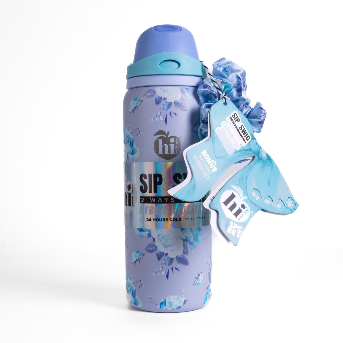 Blue Floral Insulated Water Bottle With Scrunchie, 32oz