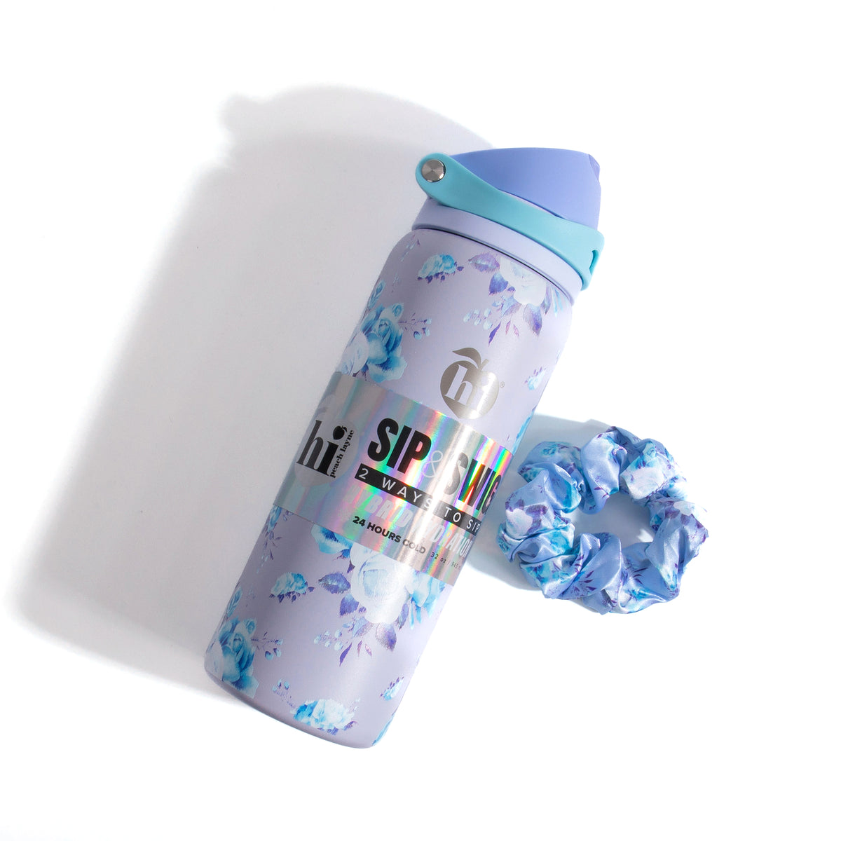 Blue Floral Insulated Water Bottle With Scrunchie, 32oz