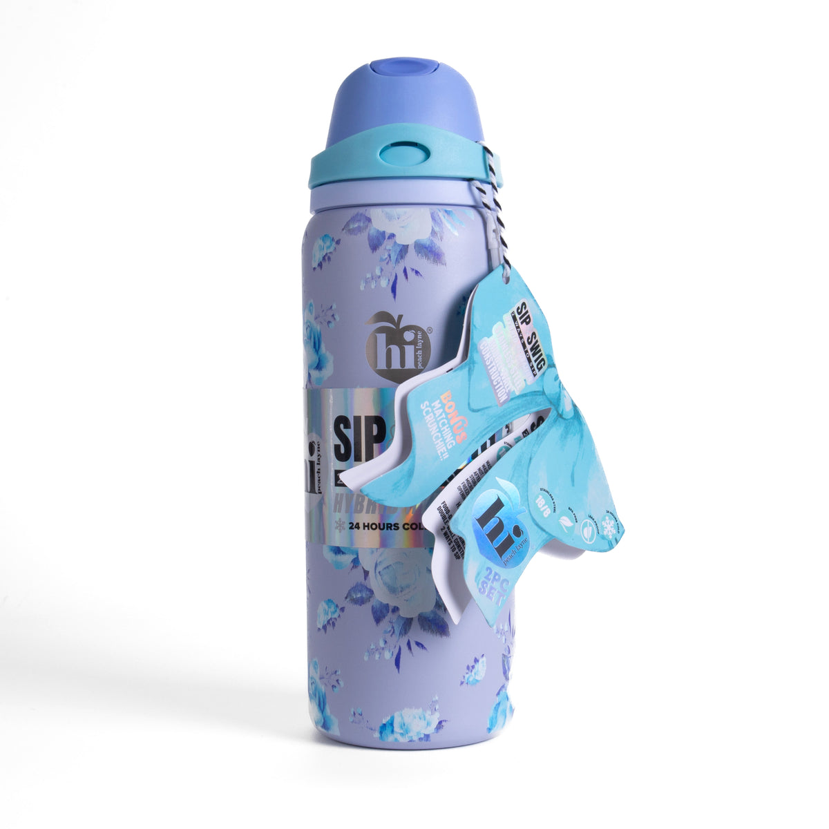 Blue Floral Insulated Water Bottle With Scrunchie, 32oz