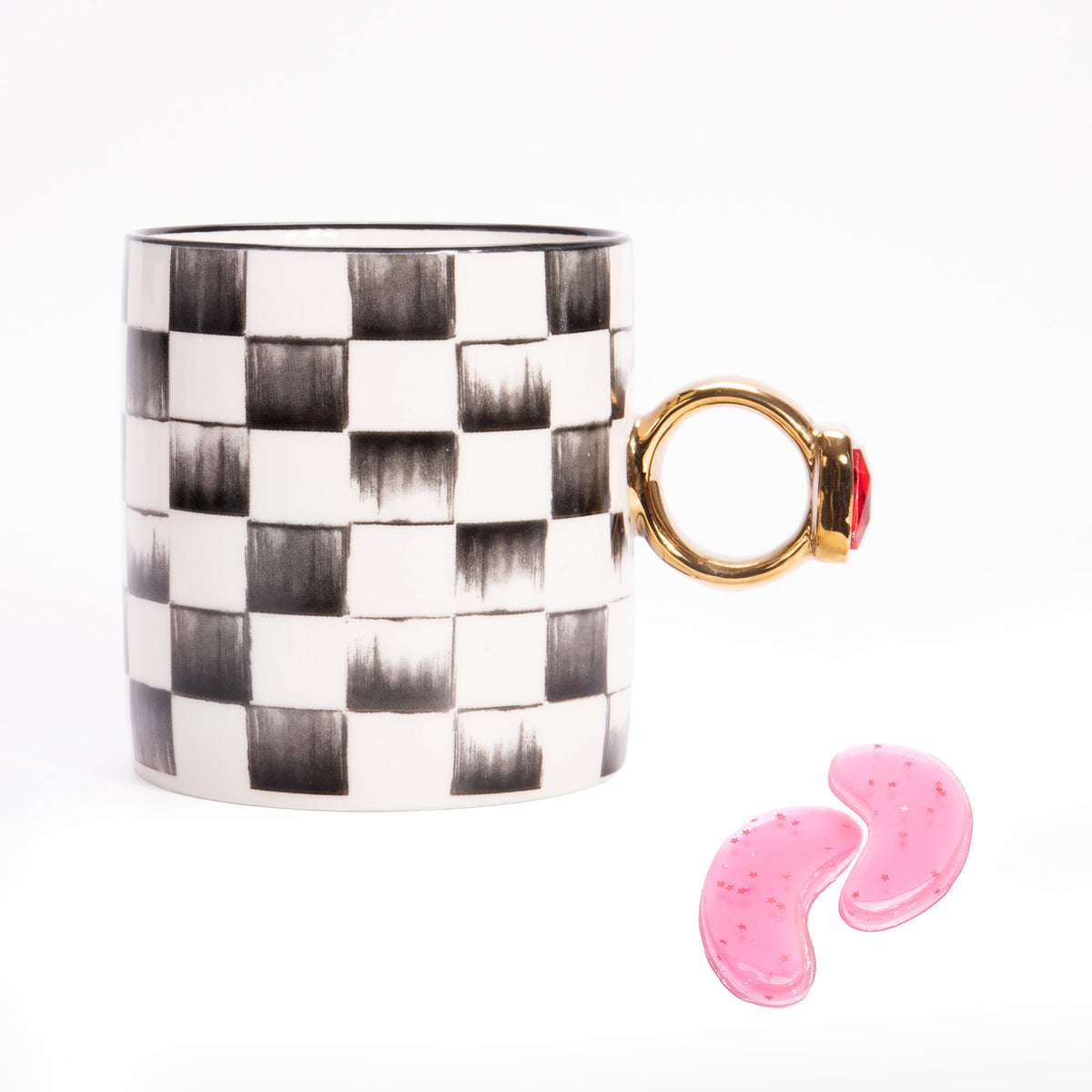 Black Checkered Ceramic Mug and Hydrogel Eye Mask Gift Set