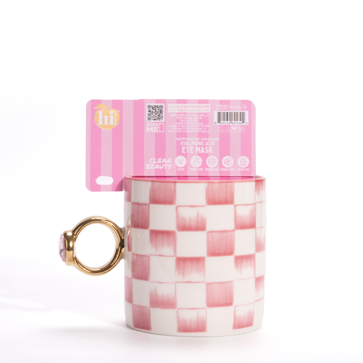 Pink Checkered Ceramic Mug and Hydrogel Eye Mask Gift Set