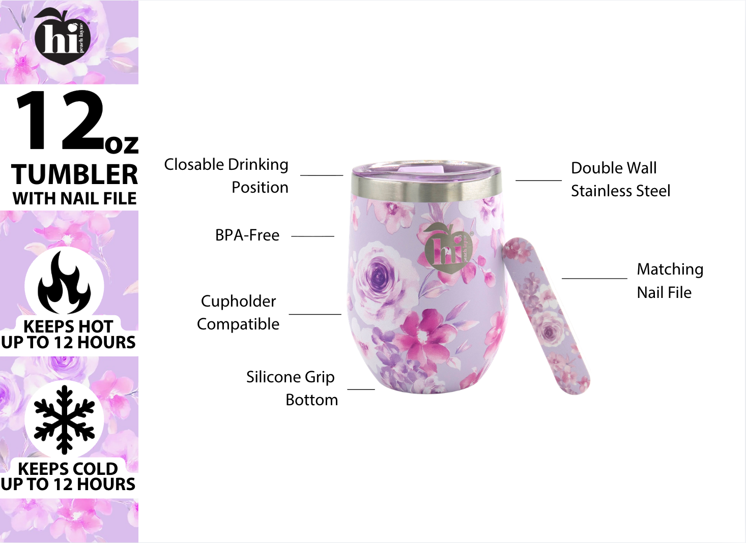 Purple Floral Wine Tumbler with Nail File